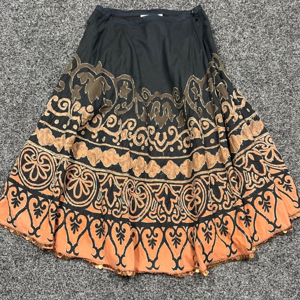 Chicos Embroidered Boho Midi Skirt Black Orange Sequin Coin Trim Size 0 XS S